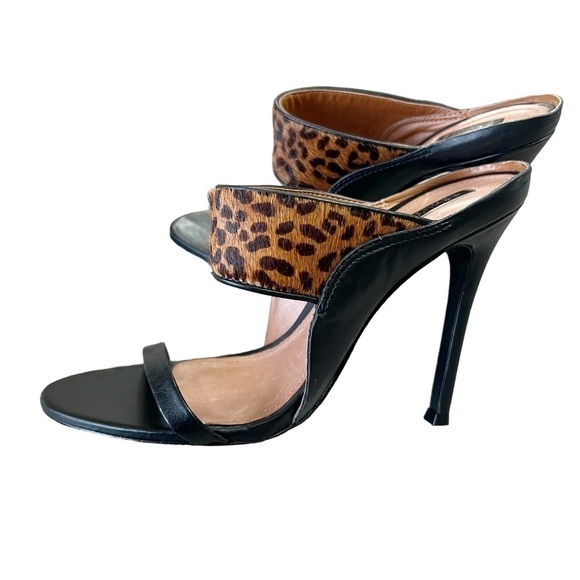 40-Schultz Black Leather and Leopard Stiletto Sandals Size: 8 Med. - Picture 2 of 12